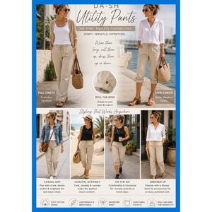 Da-sh Women's Khaki Roll Tab Utility Crop Pants Drawstring Waist Casual Resort M